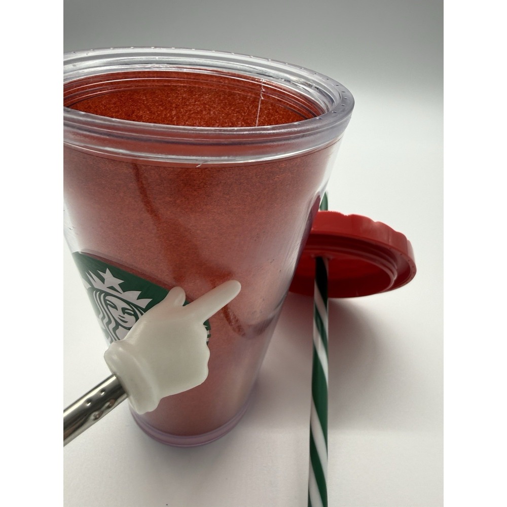 Starbucks Red Glitter Christmas Tumbler BPA free Green Stripe Straw 16 oz - Picture 7 of 11